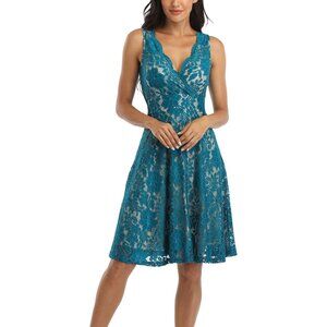 Women's Floral Lace Overlay Fit and Flare Dress Sexy V-Neck Knee Length